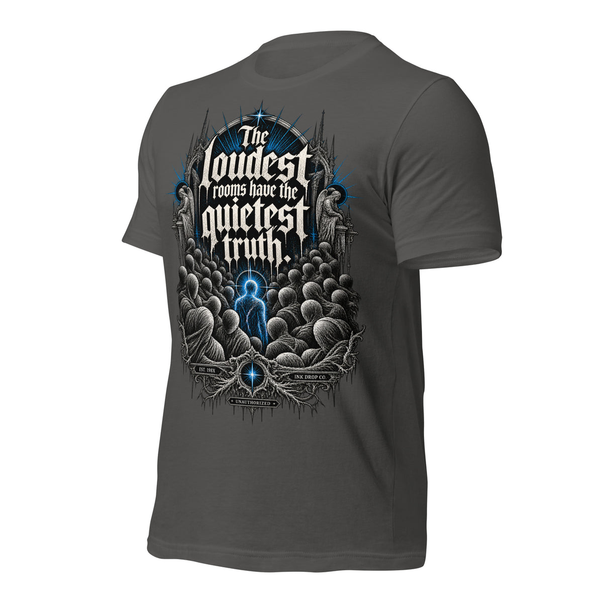 Women’s gothic graphic t-shirt, asphalt gray, back view with large blue gothic text print