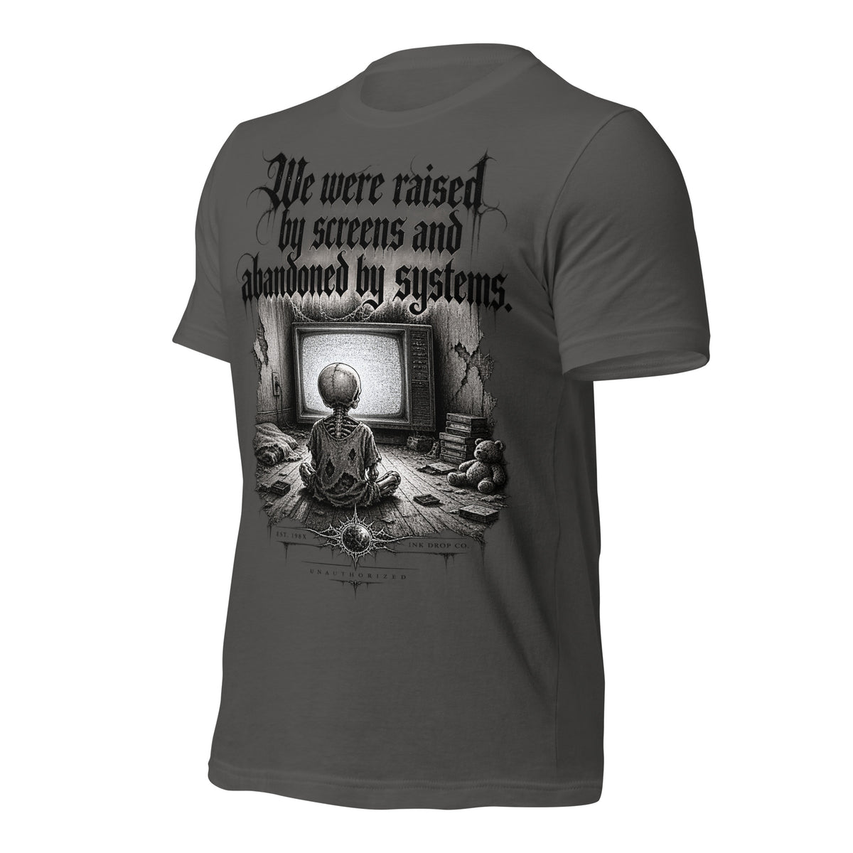 Women’s asphalt gray graphic tee with front text and framed surreal artwork print