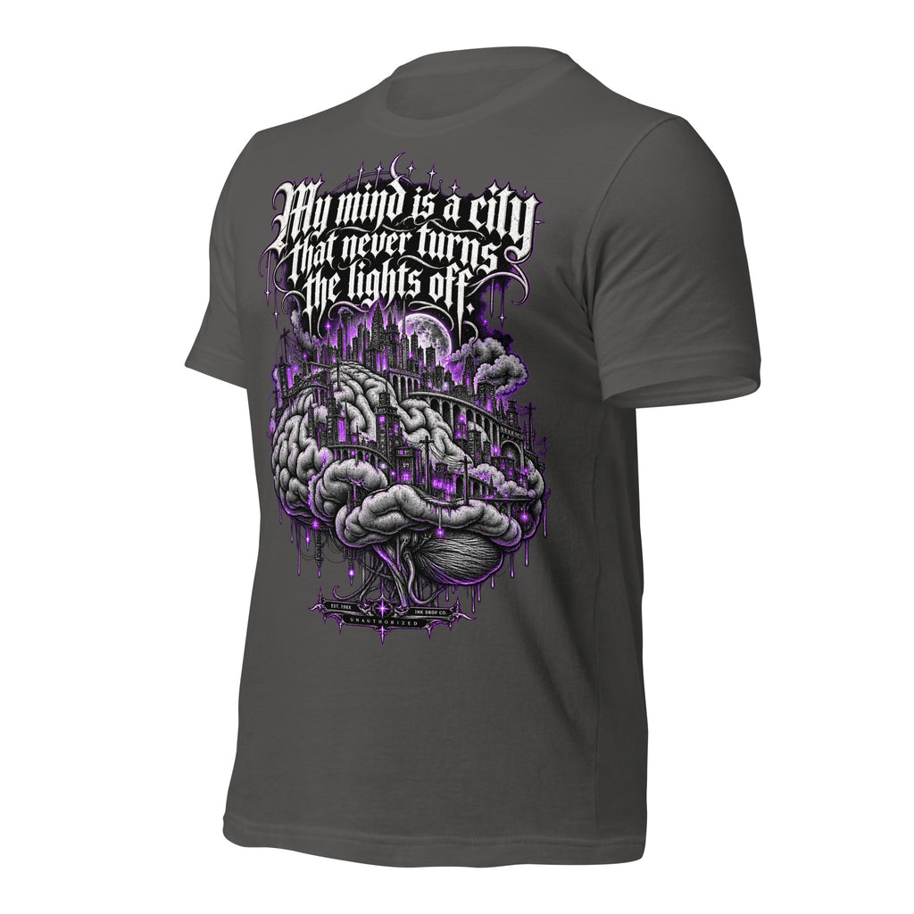 Women’s dark gray graphic tee with large purple city-and-brain print on the back.