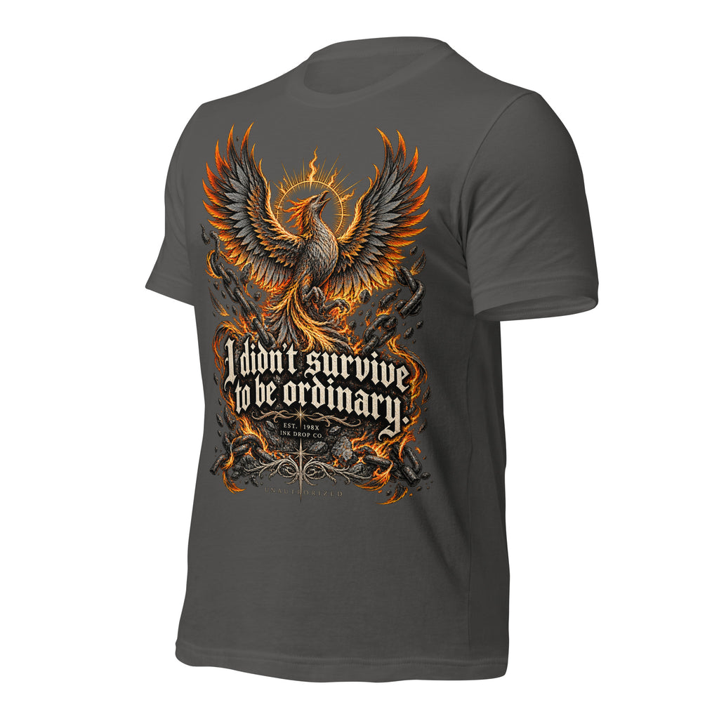 Women’s graphic tee, asphalt gray, back graphic with eagle wings and “I didn’t survive…”