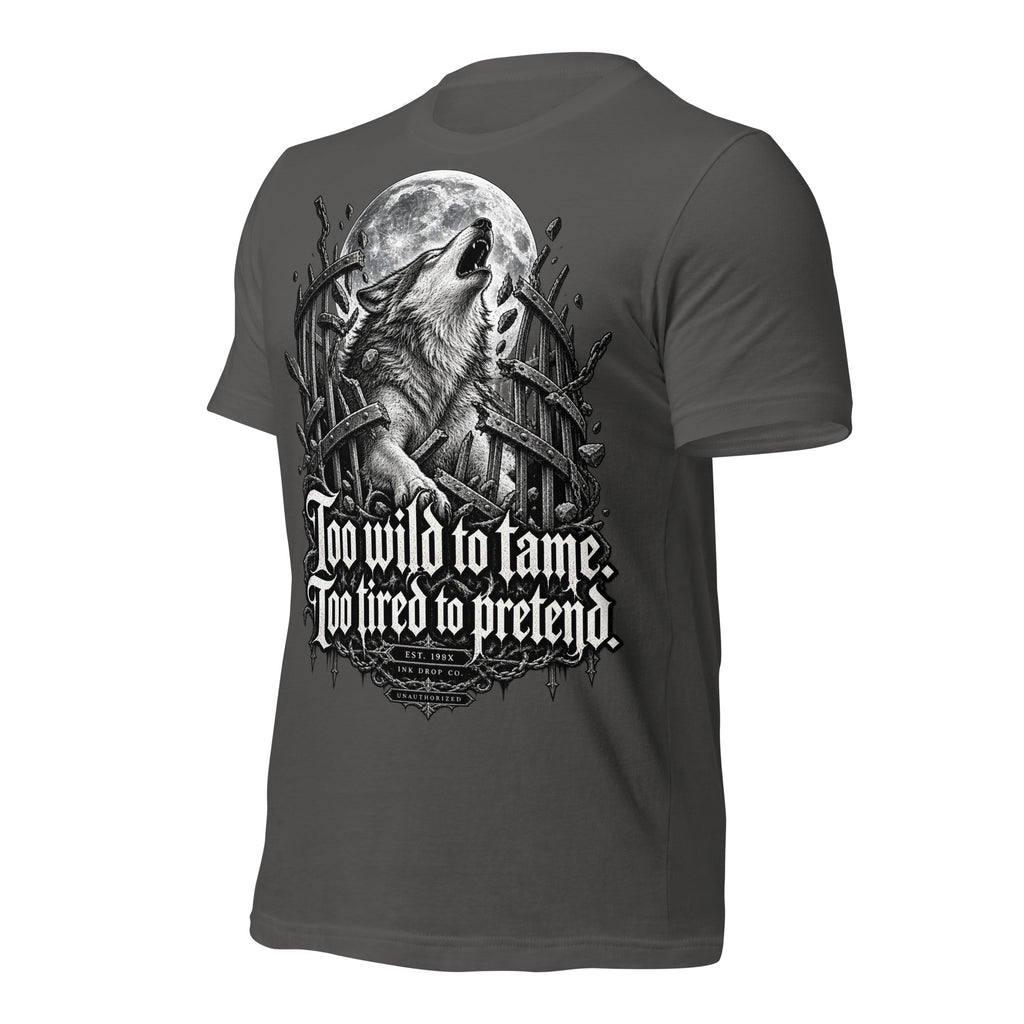 Asphalt women’s graphic tee with wolf-and-moon back graphic and gothic lettering
