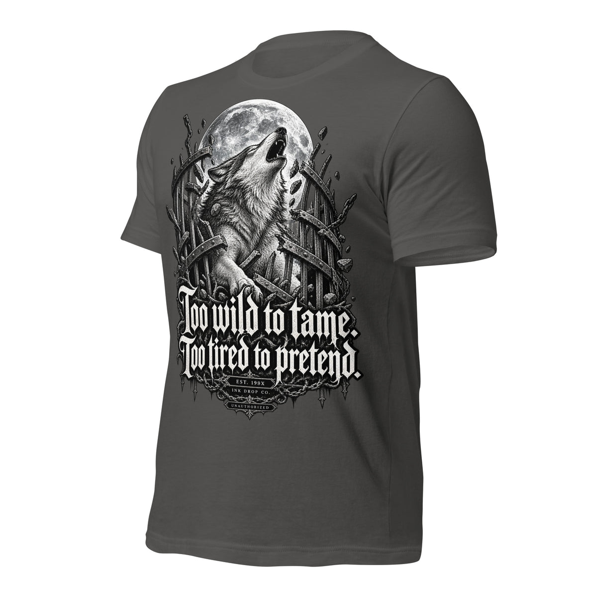 Asphalt women’s graphic tee with wolf-and-moon back graphic and gothic lettering