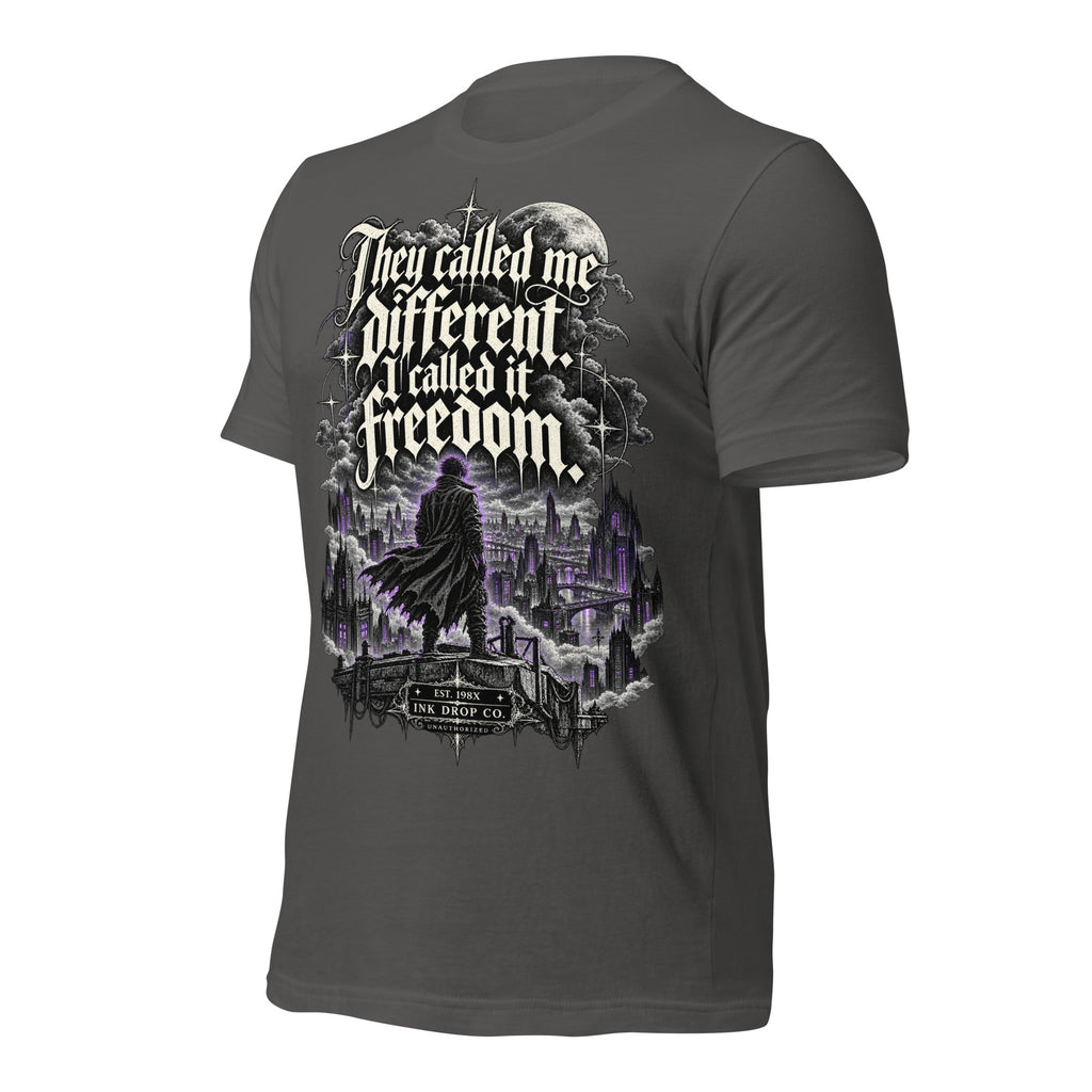 Women’s heather gray graphic tee back view with freedom typography and purple city illustration