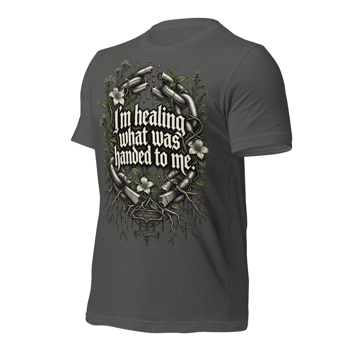 Women's asphalt graphic tee with back quote and floral chain graphic
