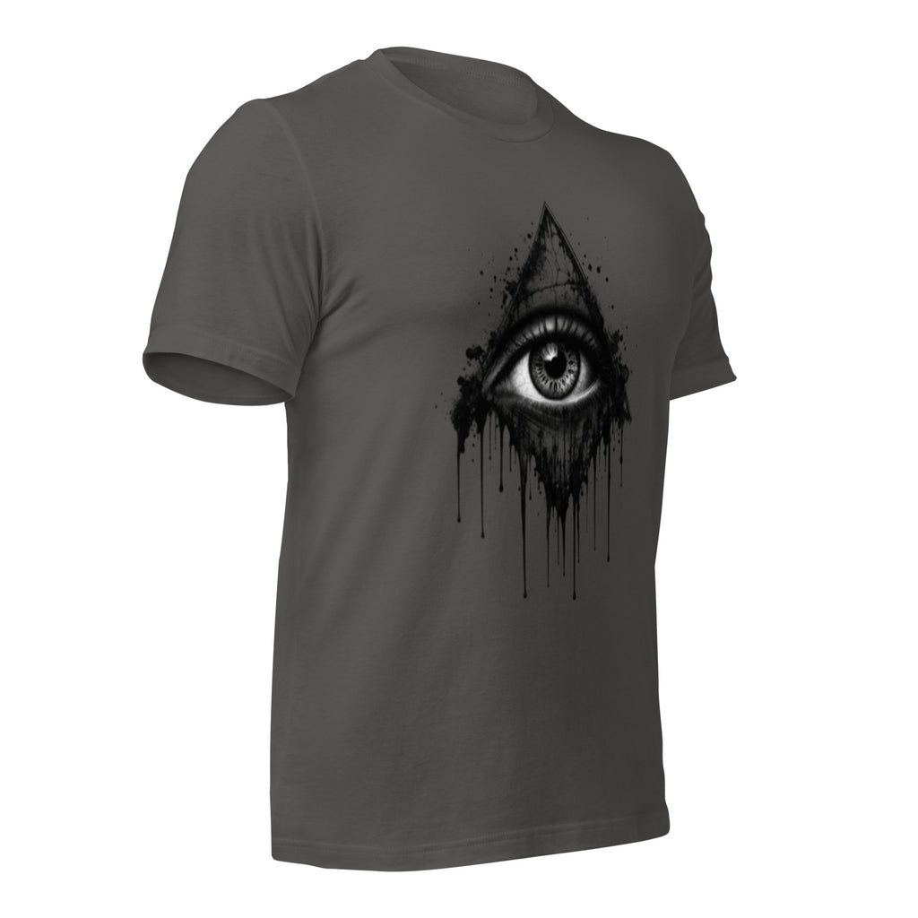 Women's asphalt grey T-shirt with all-seeing eye drip graphic on side back