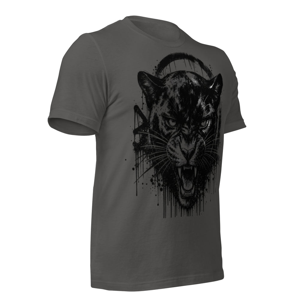 Women’s graphic t-shirt in dark grey with black panther ink-splatter print front