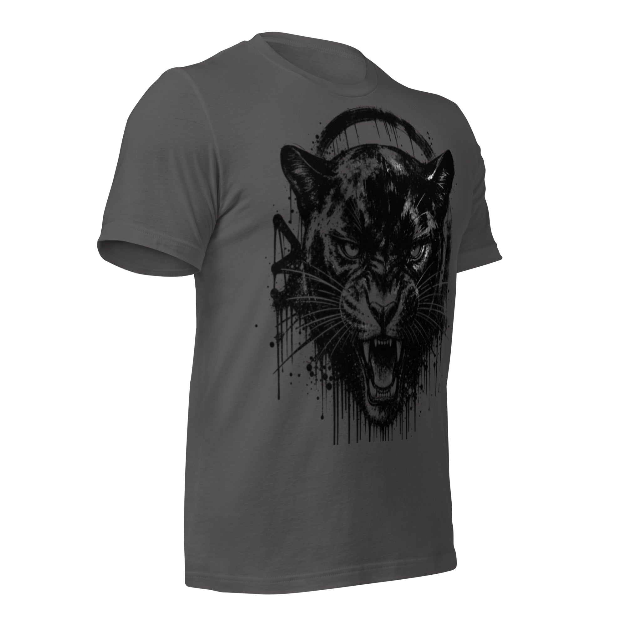Women’s graphic t-shirt in dark grey with black panther ink-splatter print front
