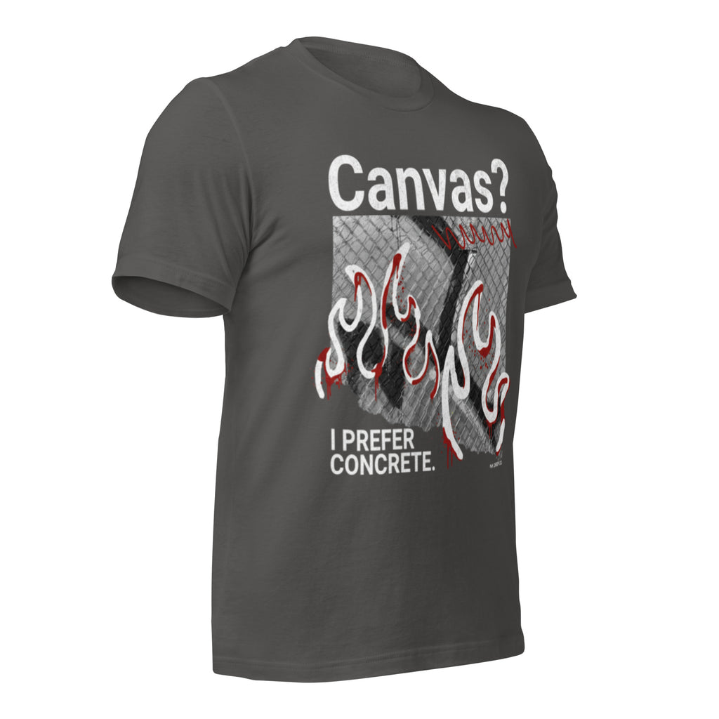 Unisex graphic T-shirt in dark gray with “Canvas?” flame front print