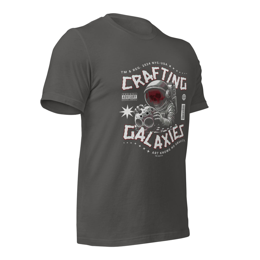 Women’s graphic T-shirt, dark grey front with astronaut rocket artwork