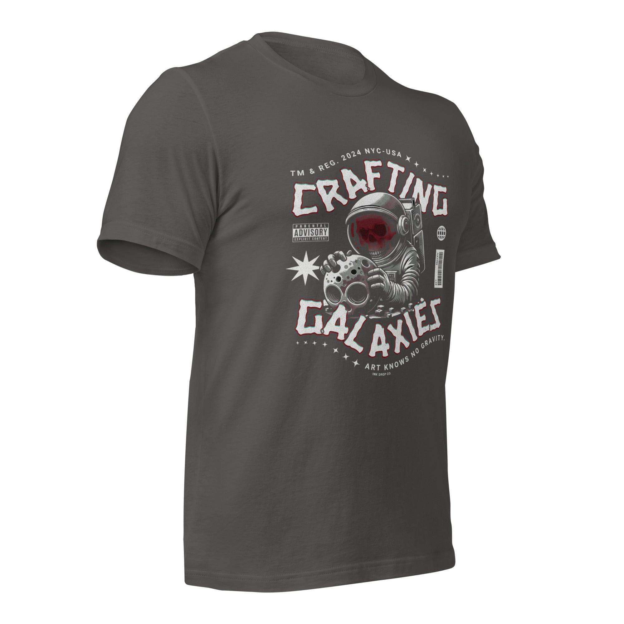 Women’s graphic T-shirt, dark grey front with astronaut rocket artwork