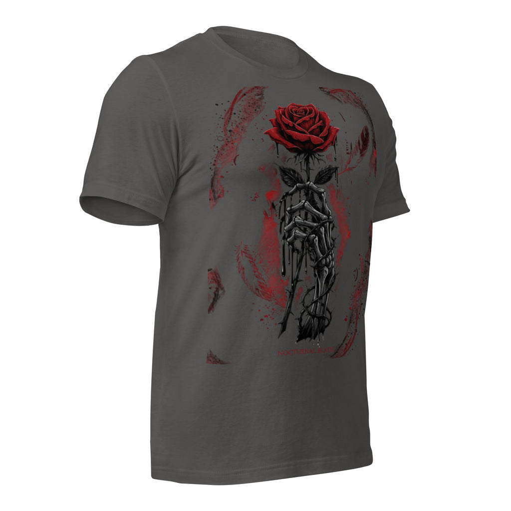Dark grey unisex graphic T-shirt with red rose and black chain-style artwork on front