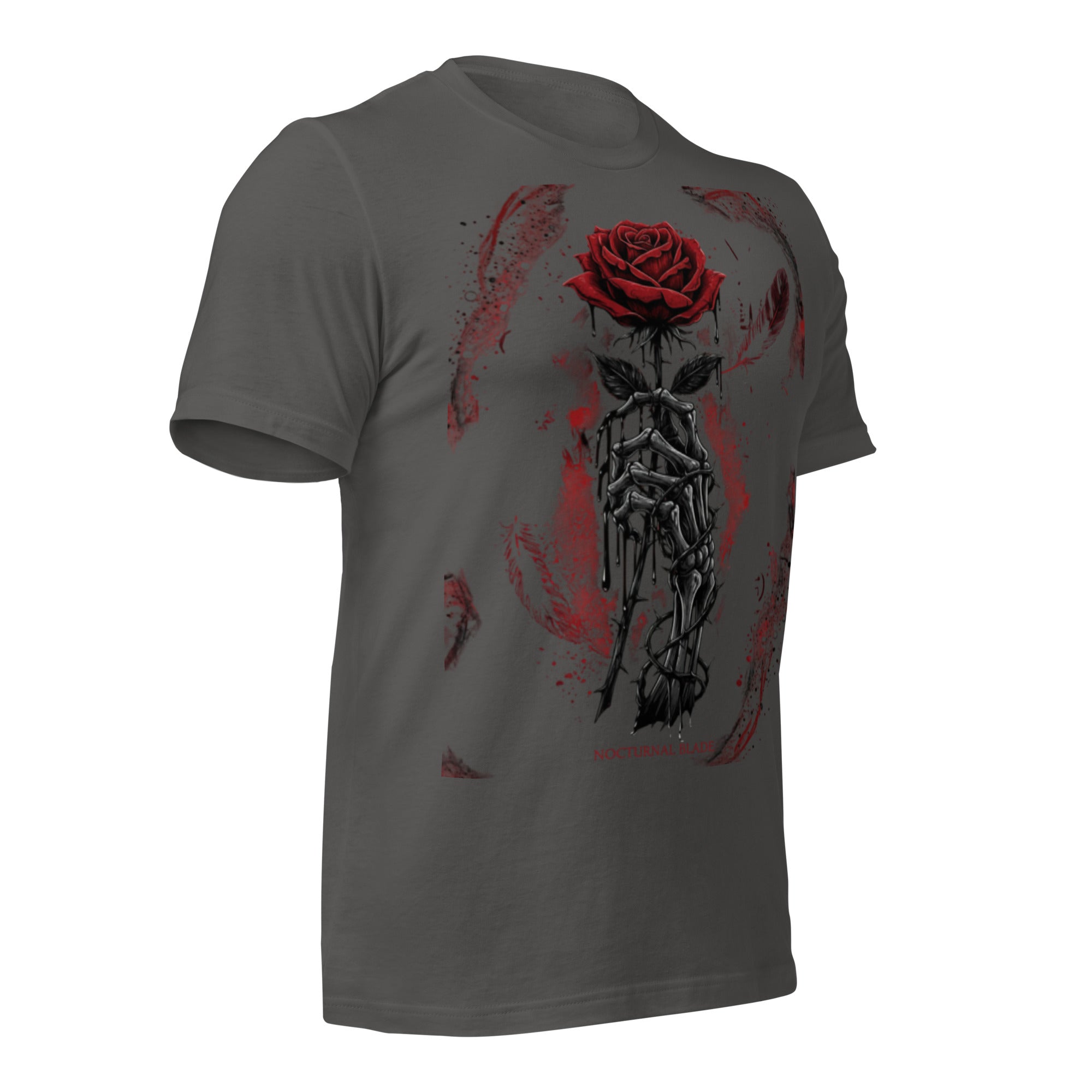 Dark grey unisex graphic T-shirt with red rose and black chain-style artwork on front