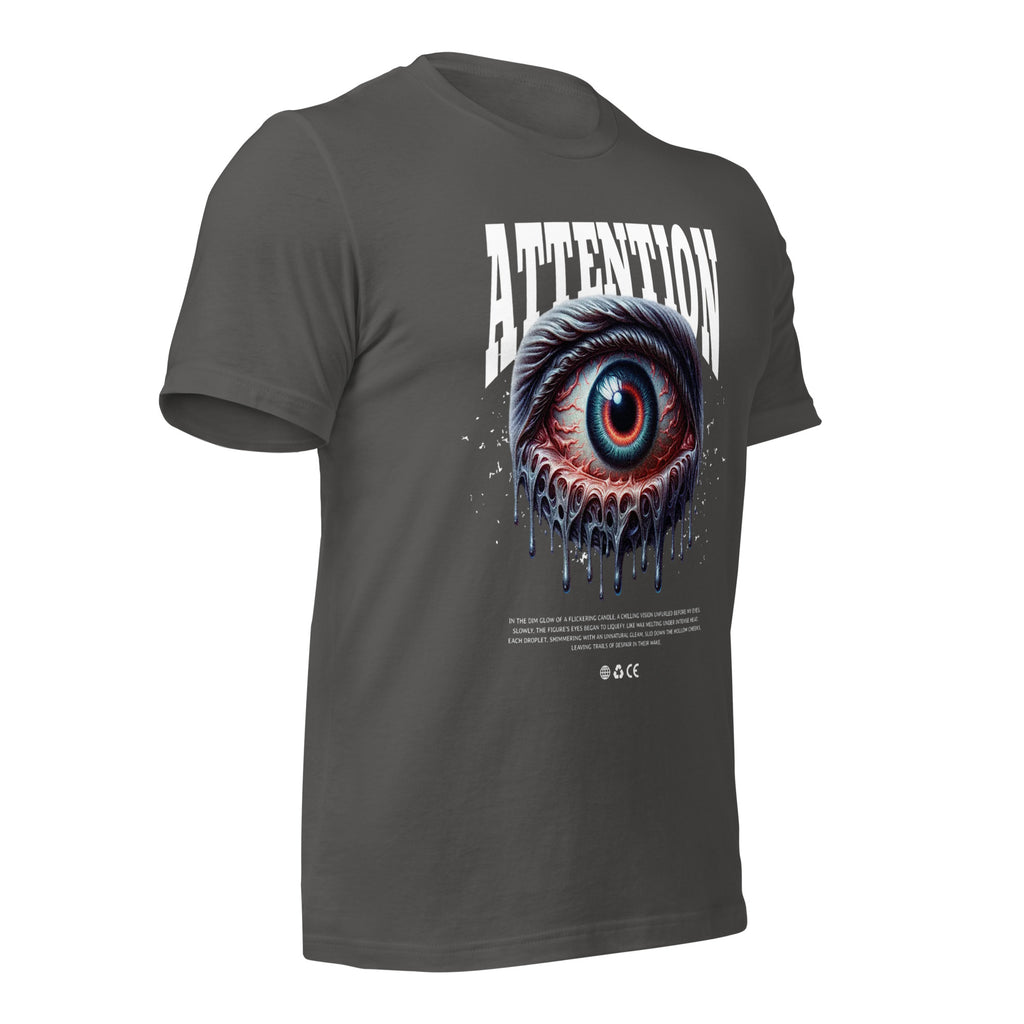 Unisex graphic T-shirt, dark gray, front eye graphic with drips and ATTENTION text