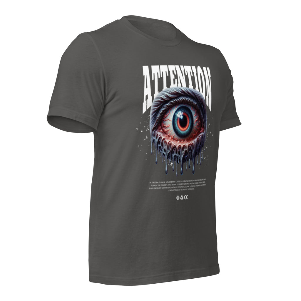 Women’s graphic t-shirt in dark grey, back ATTENTION eye graphic print