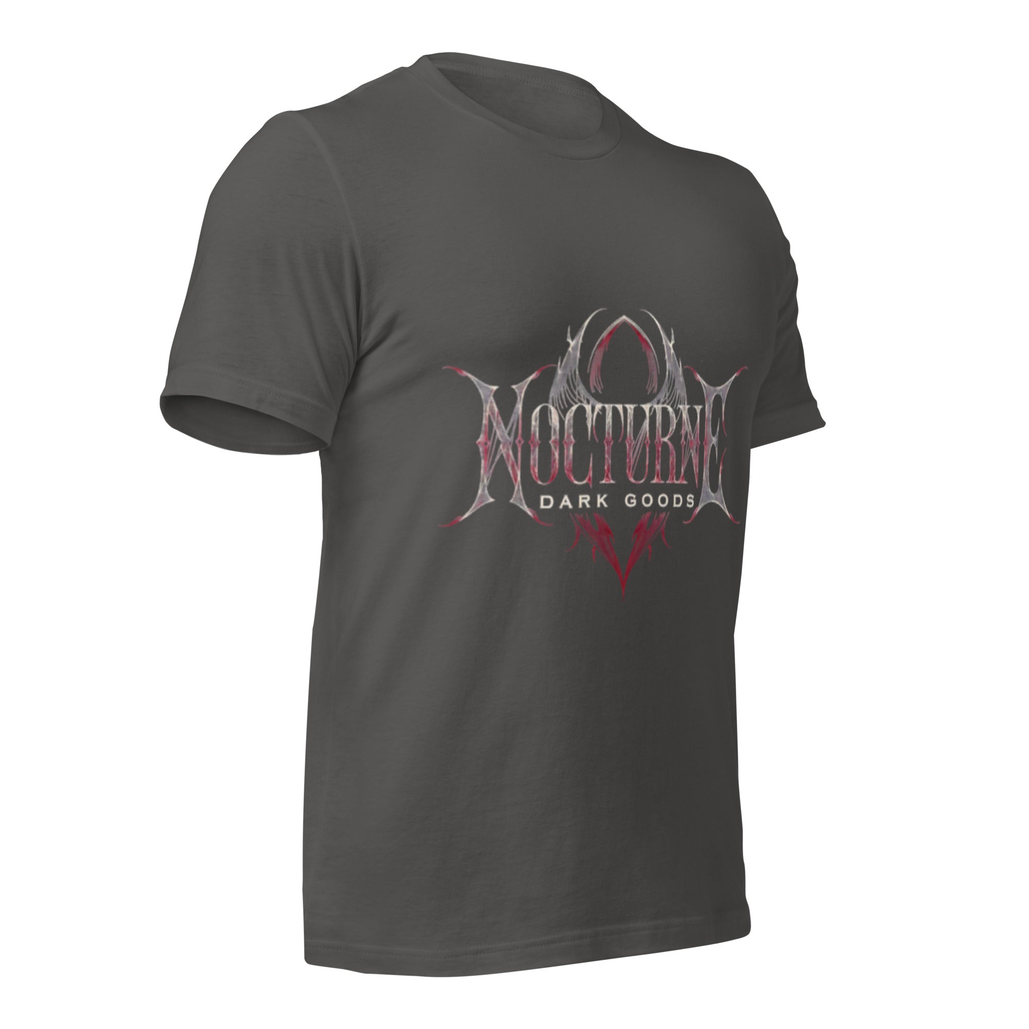 Women's dark gray graphic t-shirt, side view with 'Nocturna Dark Goods' chest logo