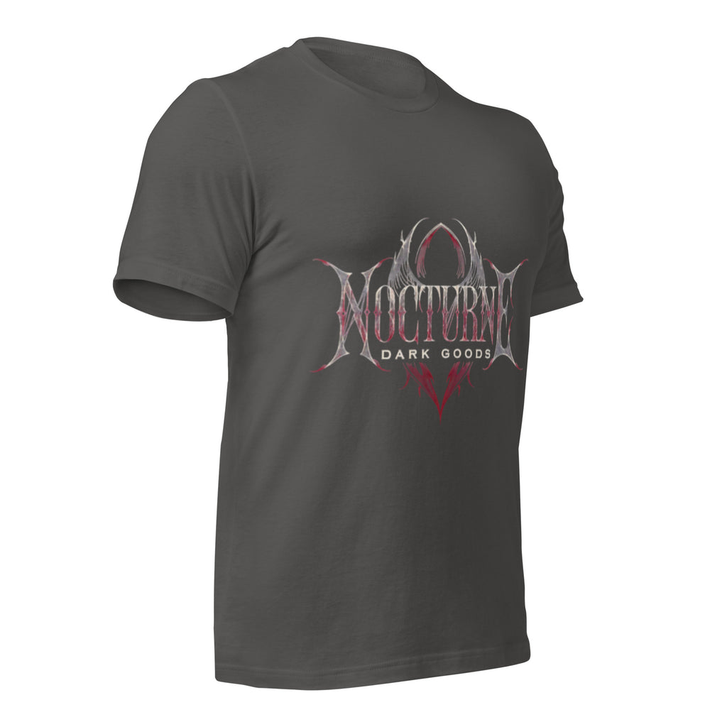 Dark grey unisex graphic T-shirt with "Nocturnal Dark Goods" chest front print
