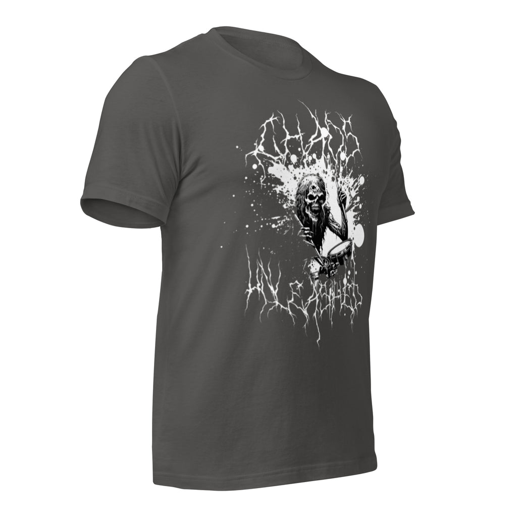 Unisex graphic t-shirt in dark gray with white wolf head electric splash graphic
