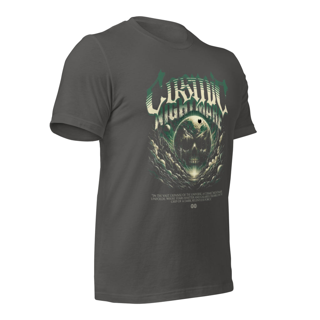 Unisex dark grey graphic T-shirt with teal-and-white alien skull face front print