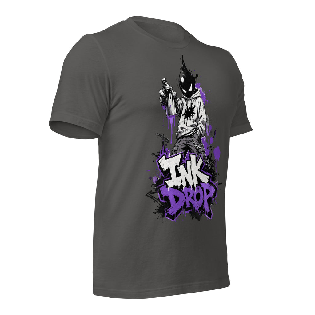 Women’s asphalt gray graphic tee with purple “INK DROP” front print, angled