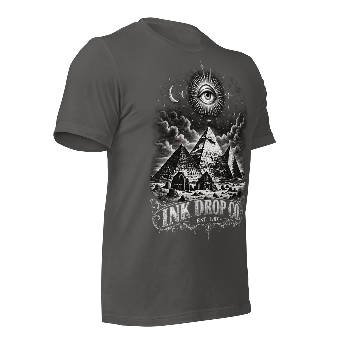 Women’s graphic T-shirt, asphalt gray, front side view of eye and pyramid illustration