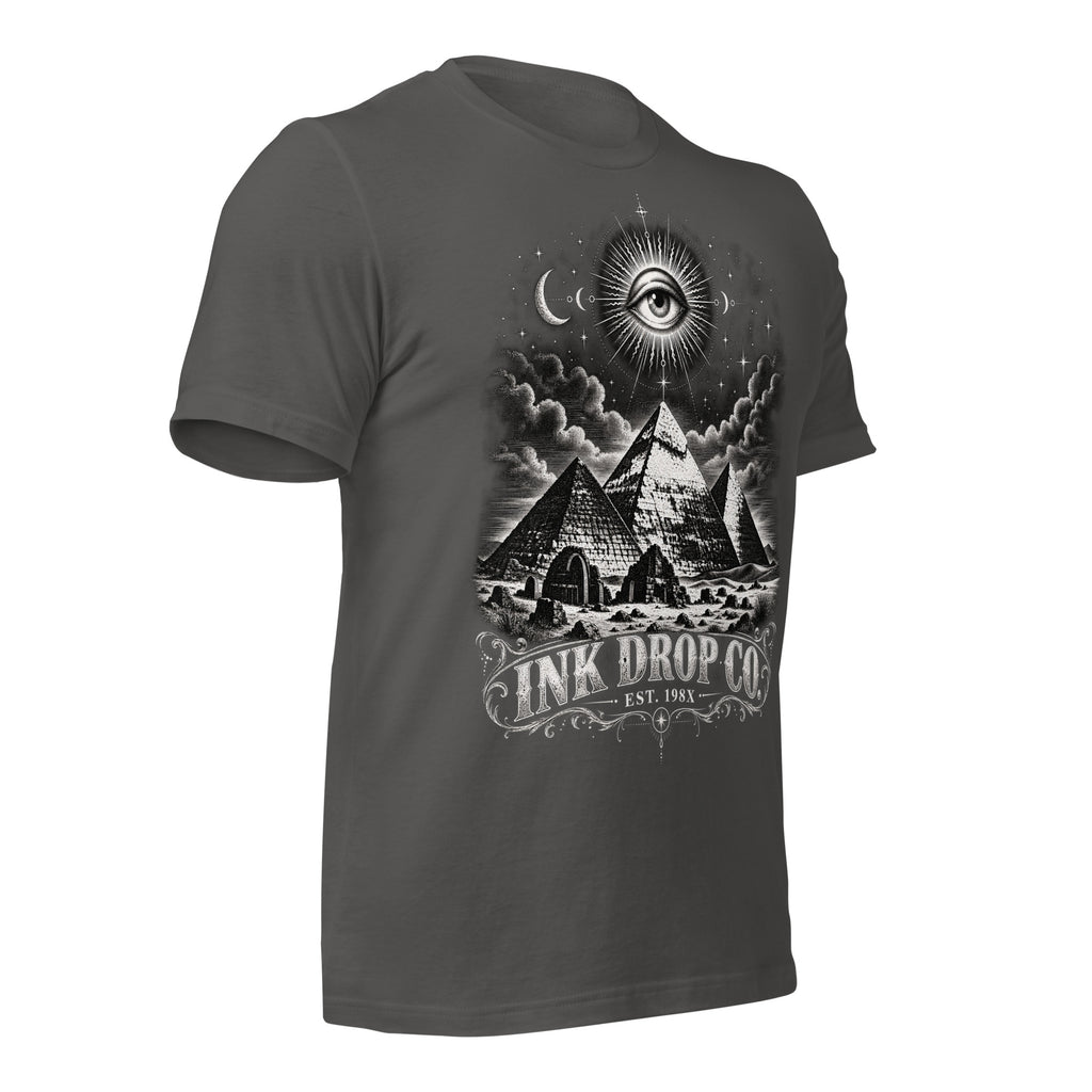 Black unisex T-shirt with eye-and-pyramid graphic on front