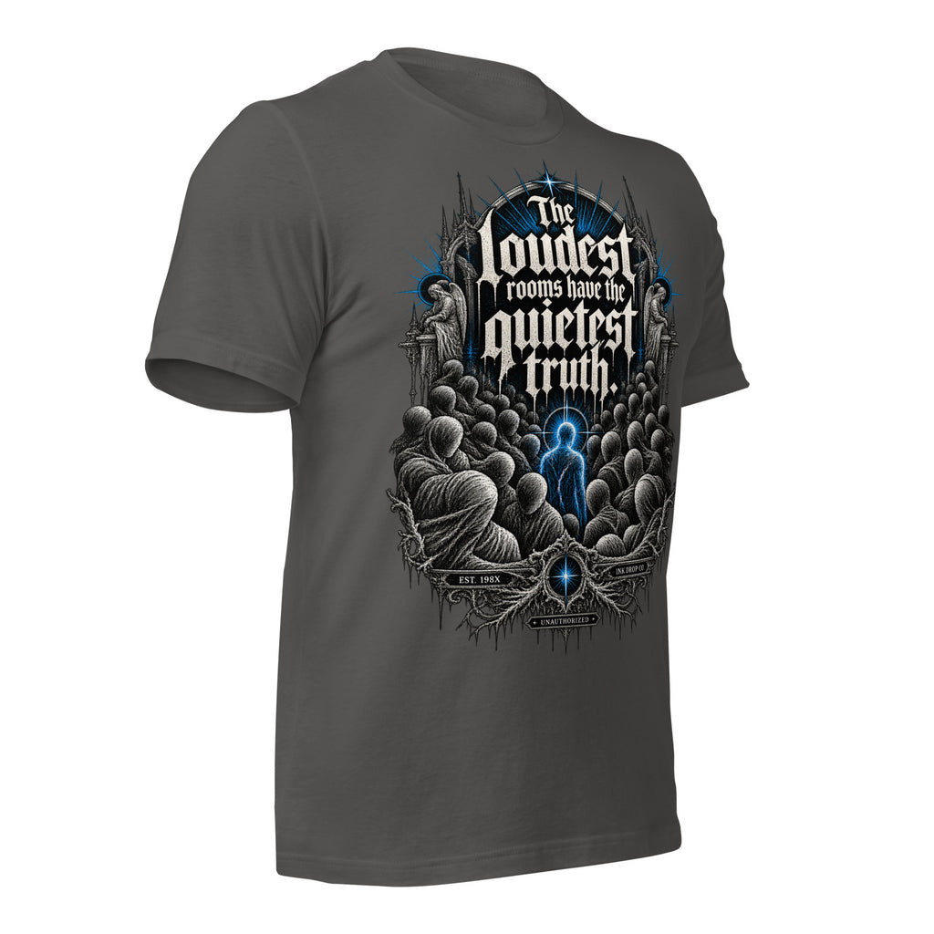 Women’s gothic graphic t-shirt, asphalt gray, front angled view with blue center graphic