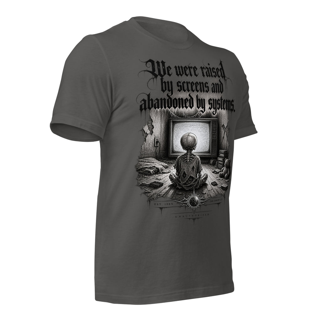Women’s asphalt gray graphic tee with large front surreal framed artwork print