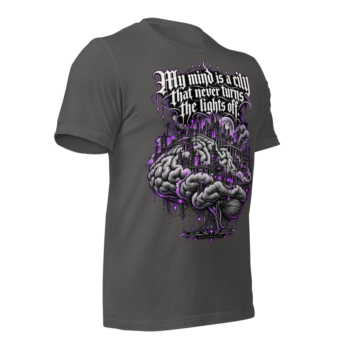 Women’s dark gray graphic tee with purple city-and-brain print on the back and chest.