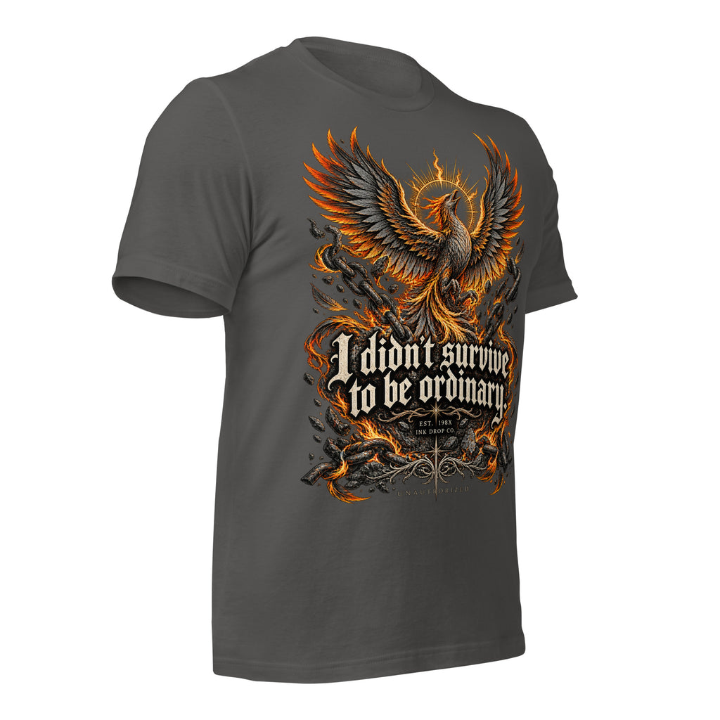 Women’s graphic tee, asphalt gray, front eagle-and-fire graphic with “I didn’t survive…”