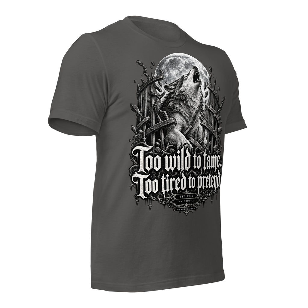 Asphalt women’s graphic tee with wolf head, moon emblem and gothic slogan front print