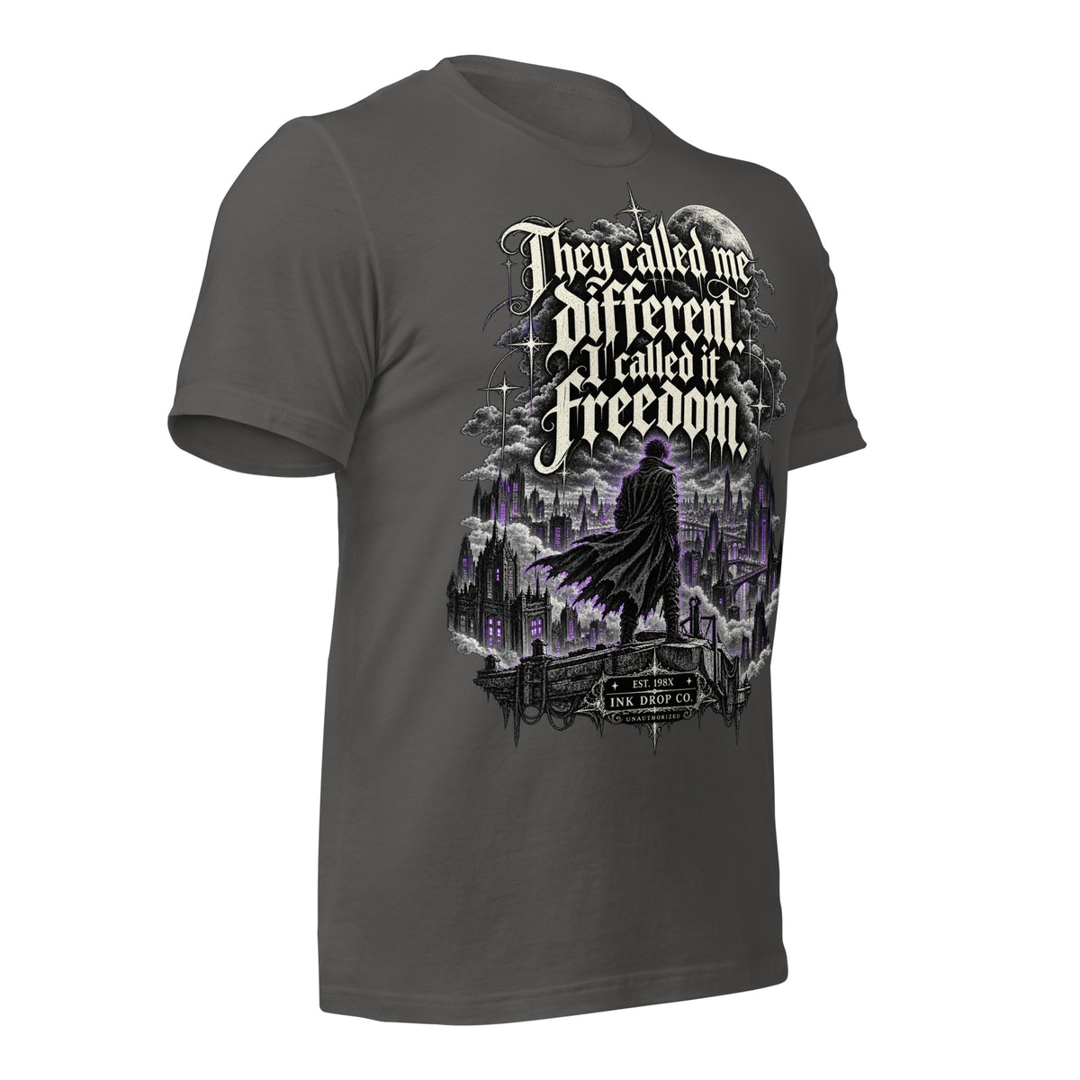 Women’s heather gray graphic tee front view with freedom quote and purple city scene