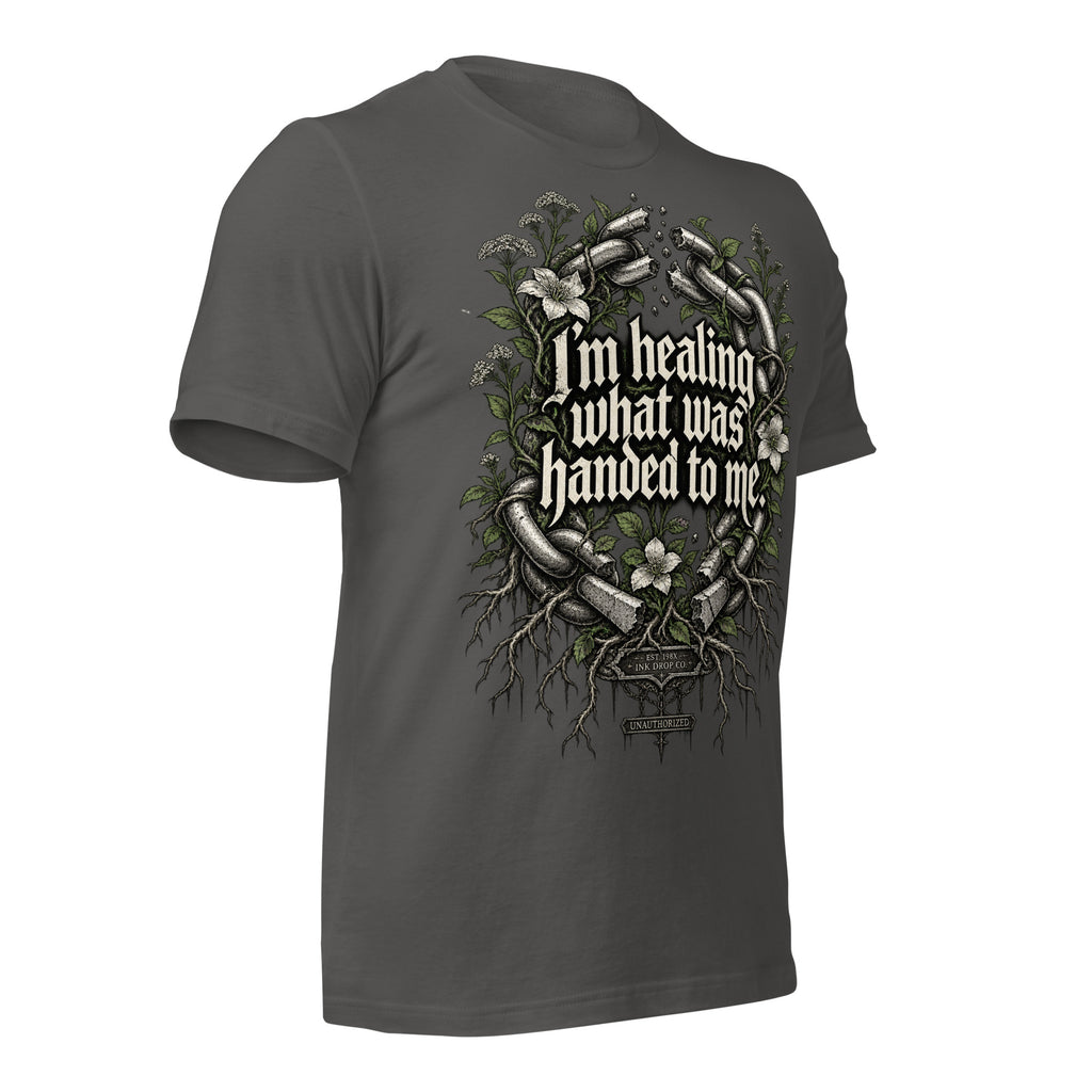 Women's asphalt graphic tee with angled back quote and floral chain graphic