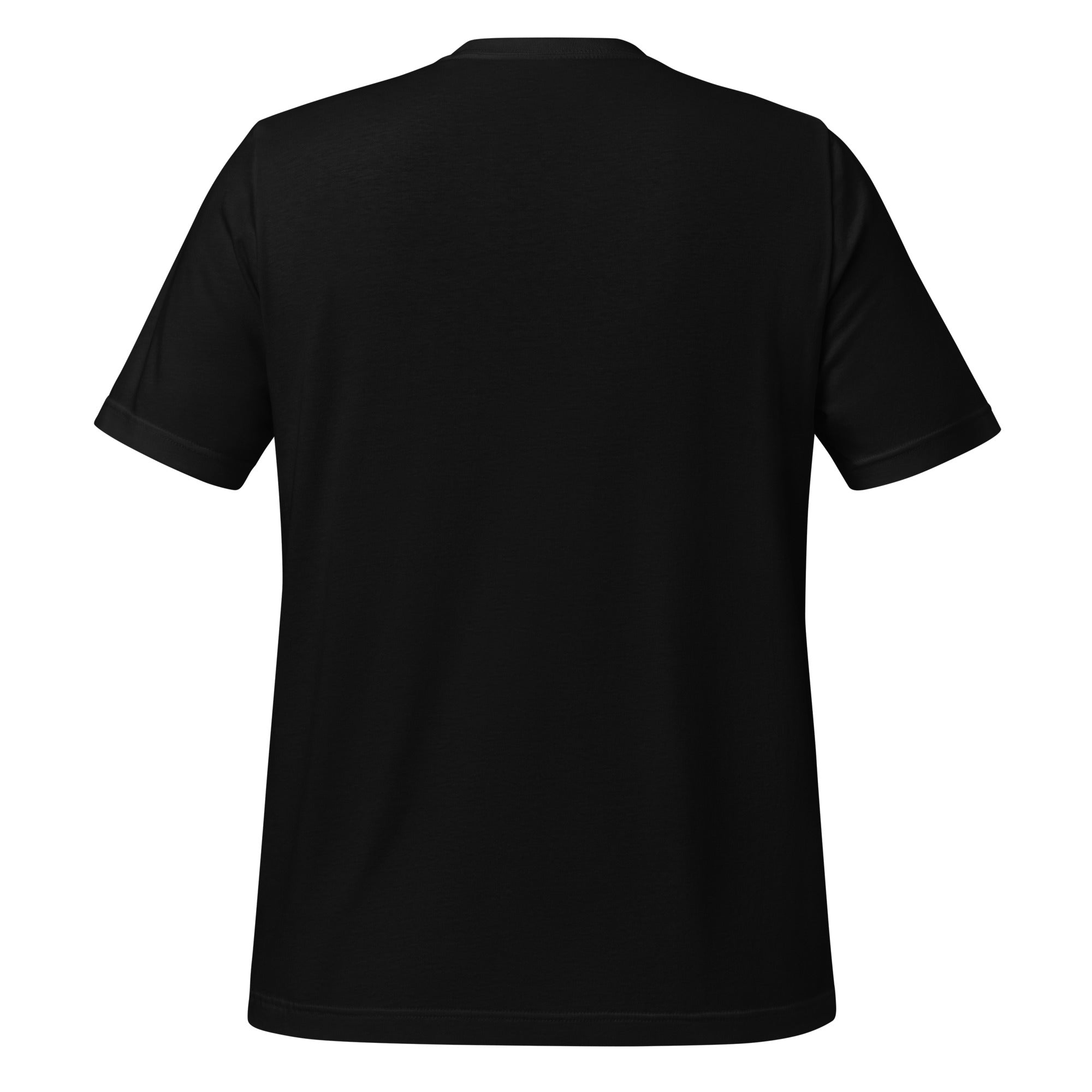 Black unisex graphic t-shirt, plain back with short sleeves