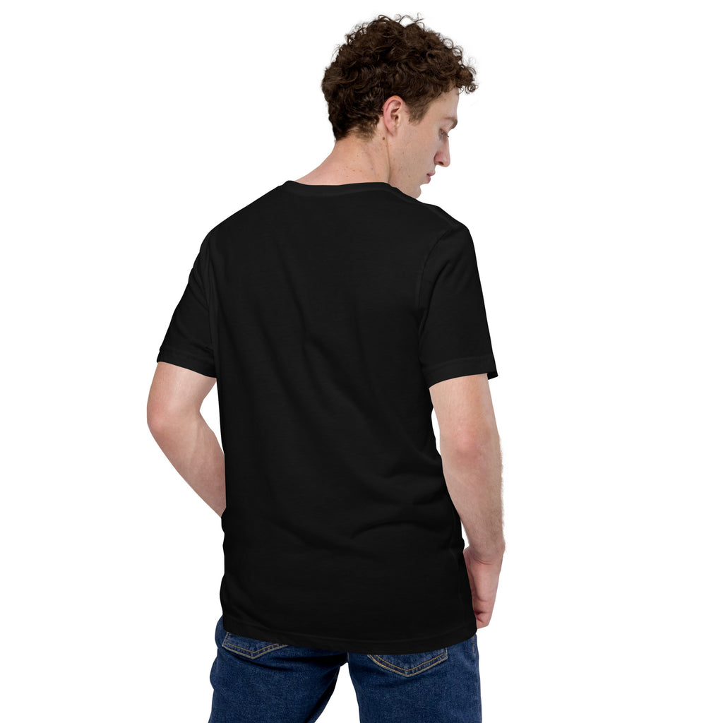 Men's black graphic tee with plain back, crew neck, short sleeves