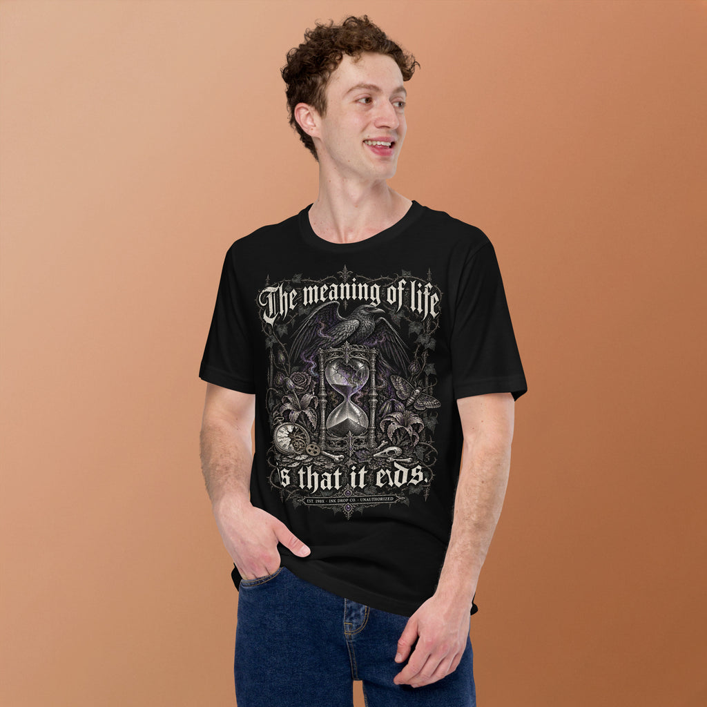 Men's black graphic tee worn by model, front print visible