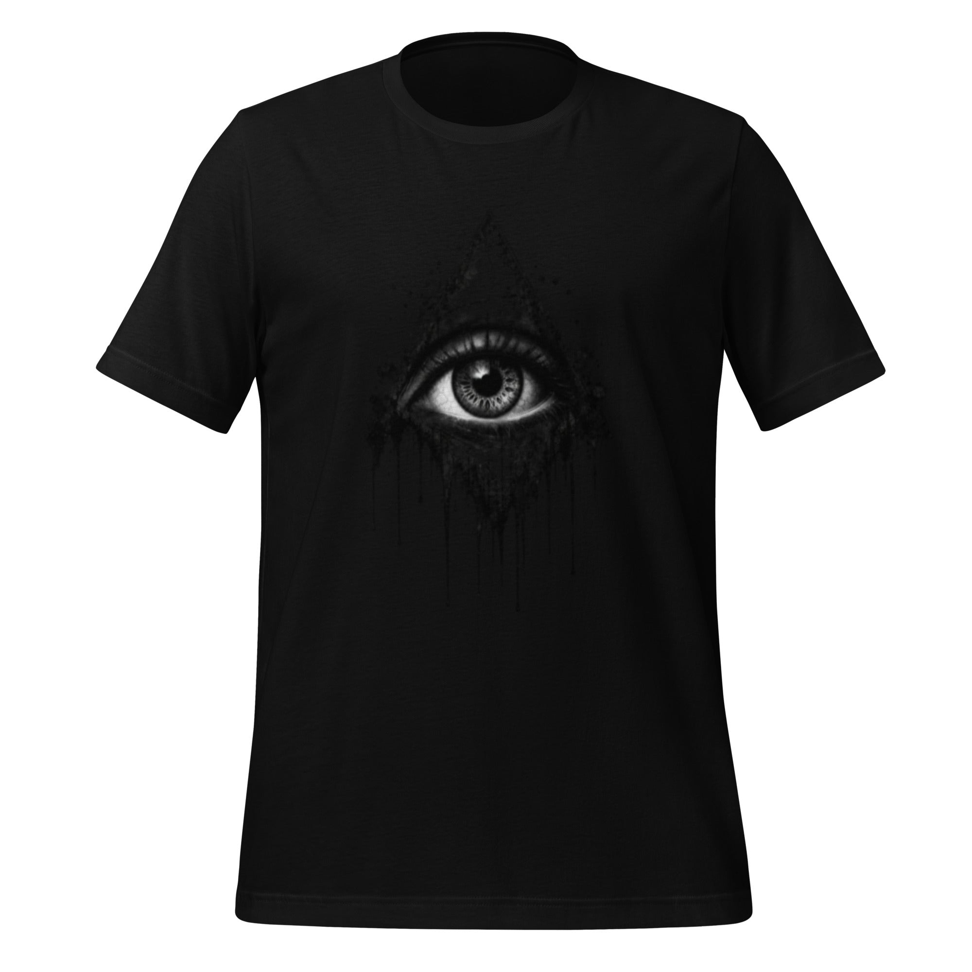 Black unisex graphic t-shirt with all-seeing eye splash print at chest, crew neck.