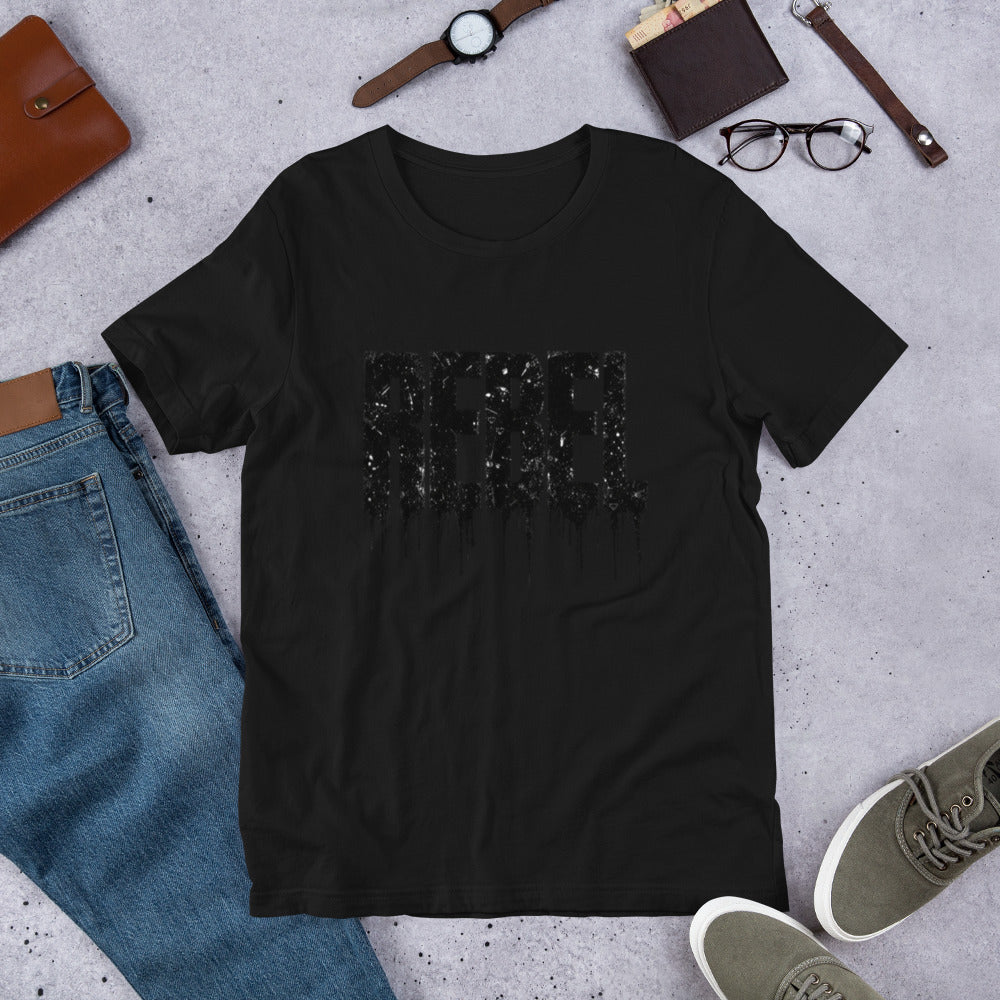 Black unisex graphic T-shirt with REBEL ink splash dripping print on the chest