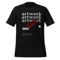Unisex graphic T-shirt in black with artwork graphic and barcode on front.
