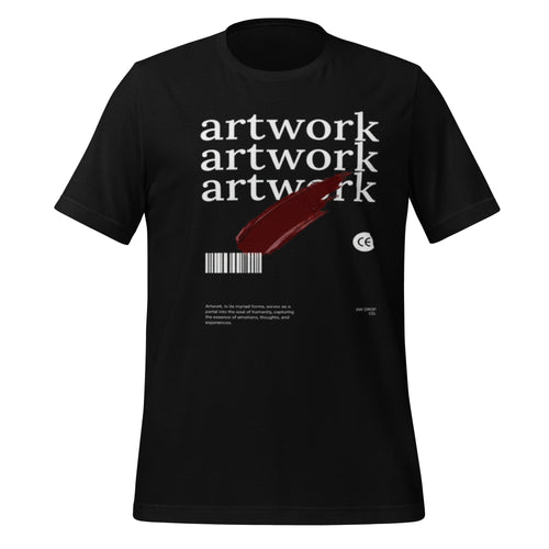 Unisex graphic T-shirt in black with artwork graphic and barcode on front.