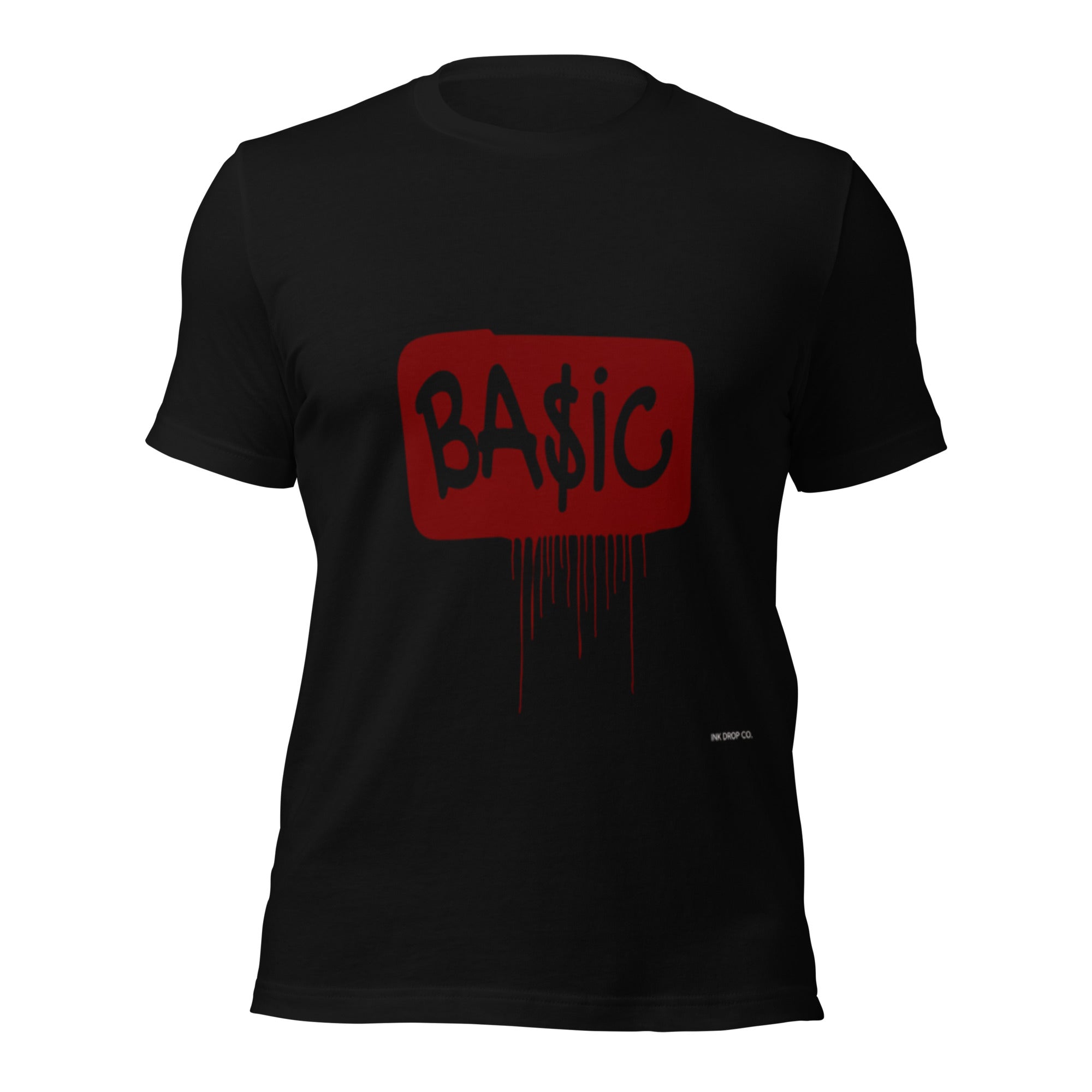 Black unisex graphic T-shirt with red BA$IC logo and drips, front view