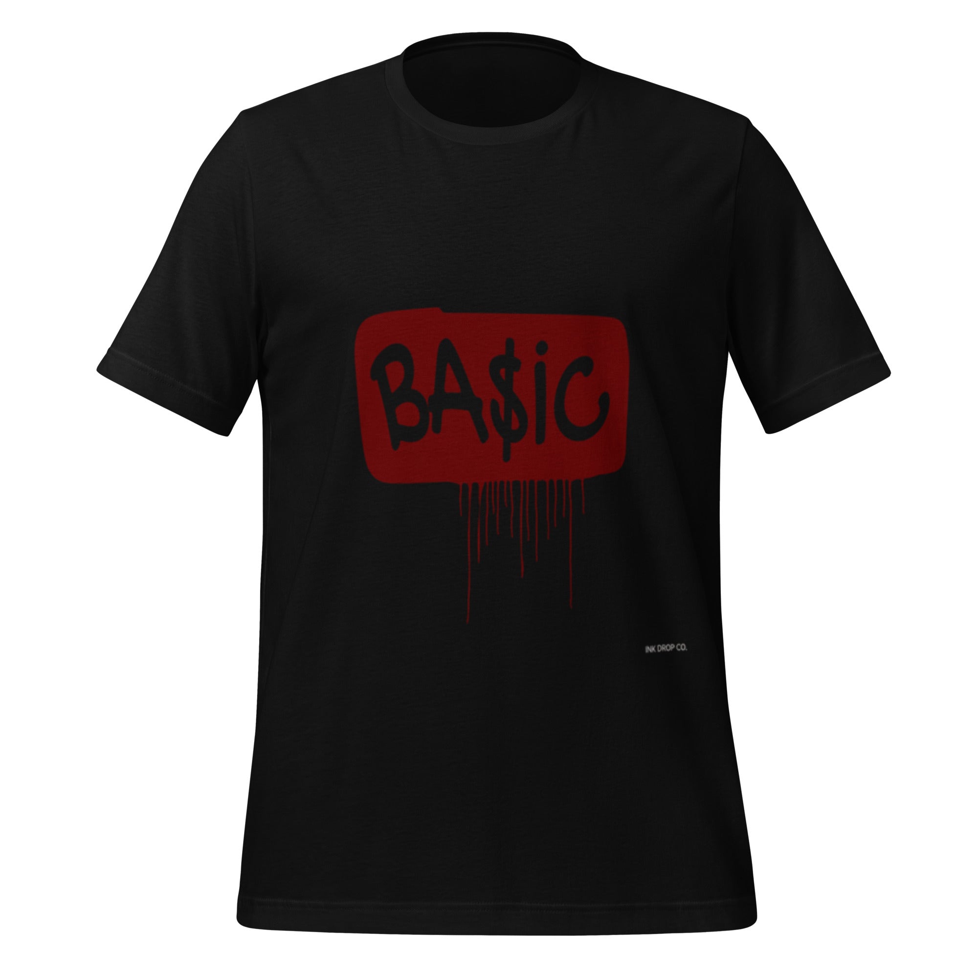 Black unisex graphic T-shirt with red BA$IC logo and drips, front view