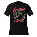 Men's black graphic T-shirt with wolf head front print and red 'Spirit' text