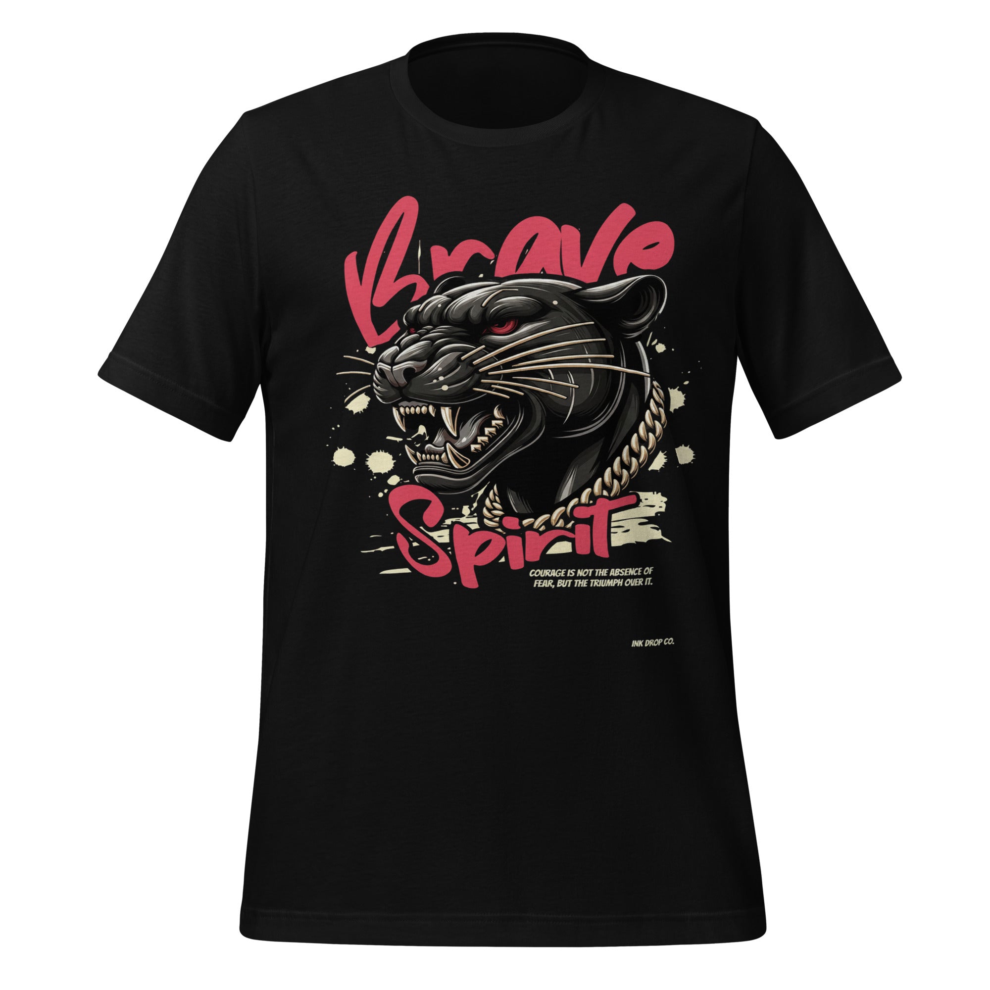 Men's black graphic T-shirt with wolf head front print and red 'Spirit' text