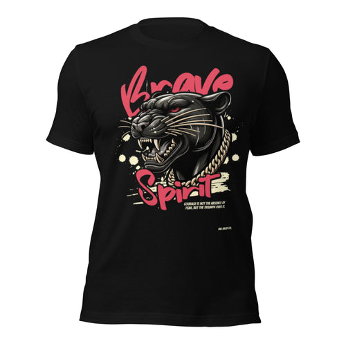 Women's black graphic t-shirt with snarling panther head and 'Spirit' text print