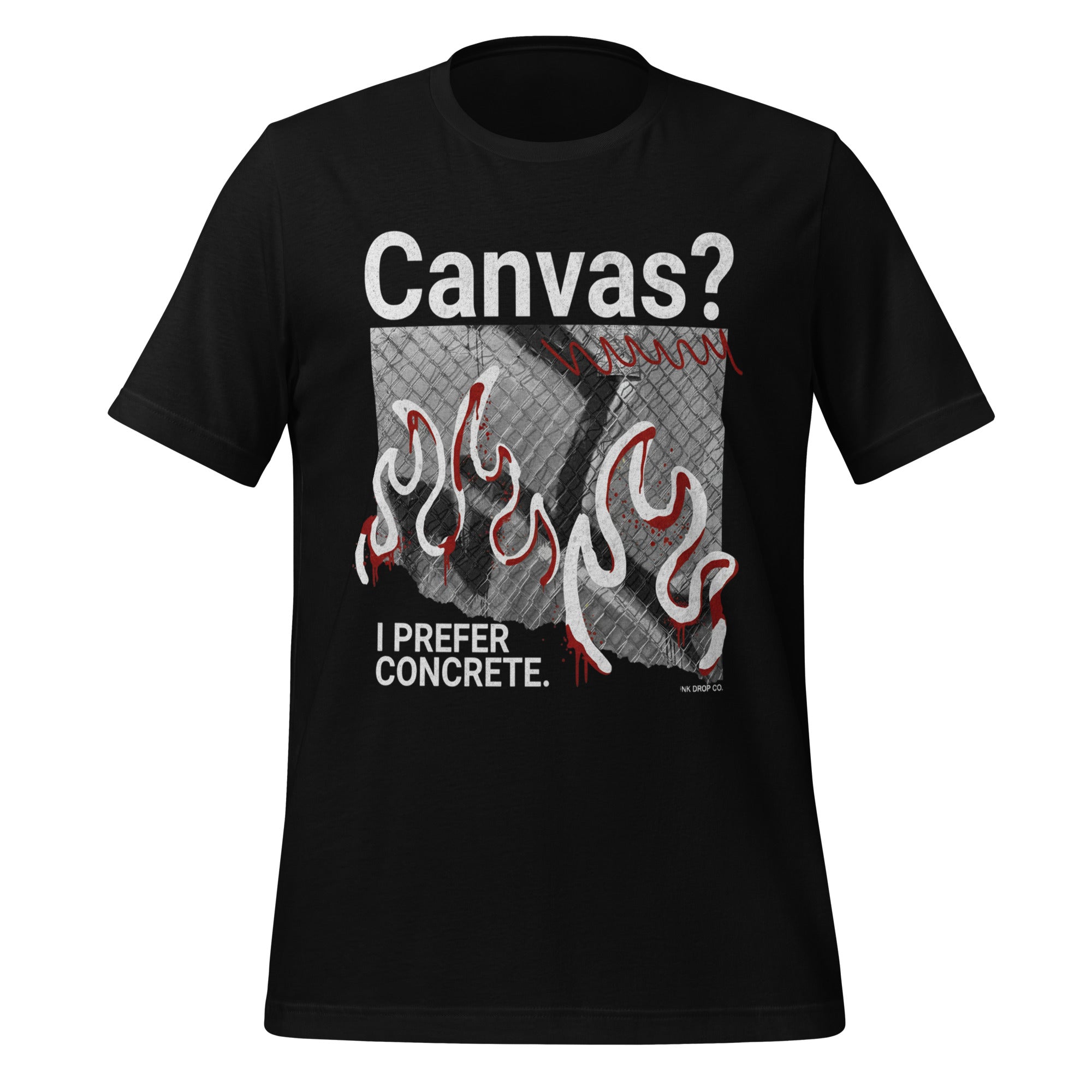 Men's graphic T-shirt, black, front print with “Canvas?” and flames text