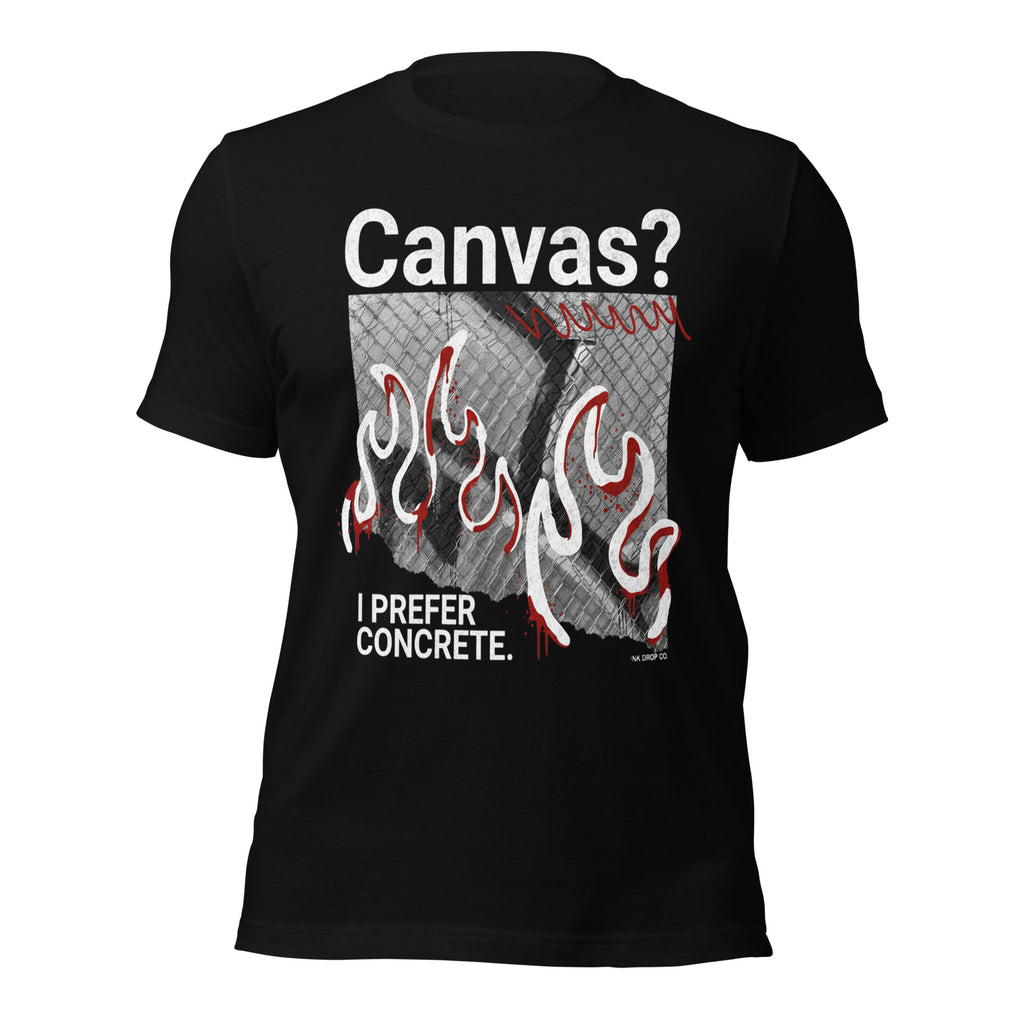 Women’s graphic t-shirt, black; front “Canvas?” design with flames and “I prefer concrete.”