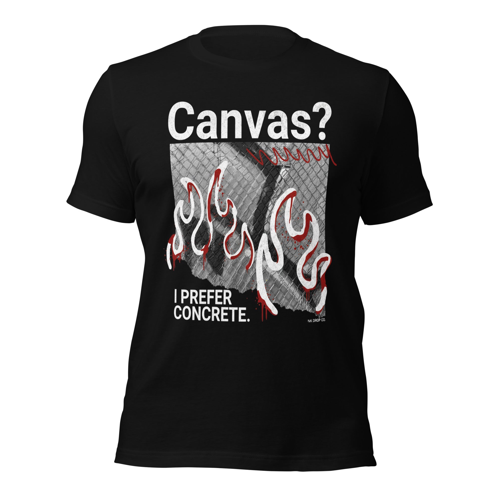 Women’s graphic t-shirt, black; front “Canvas?” design with flames and “I prefer concrete.”
