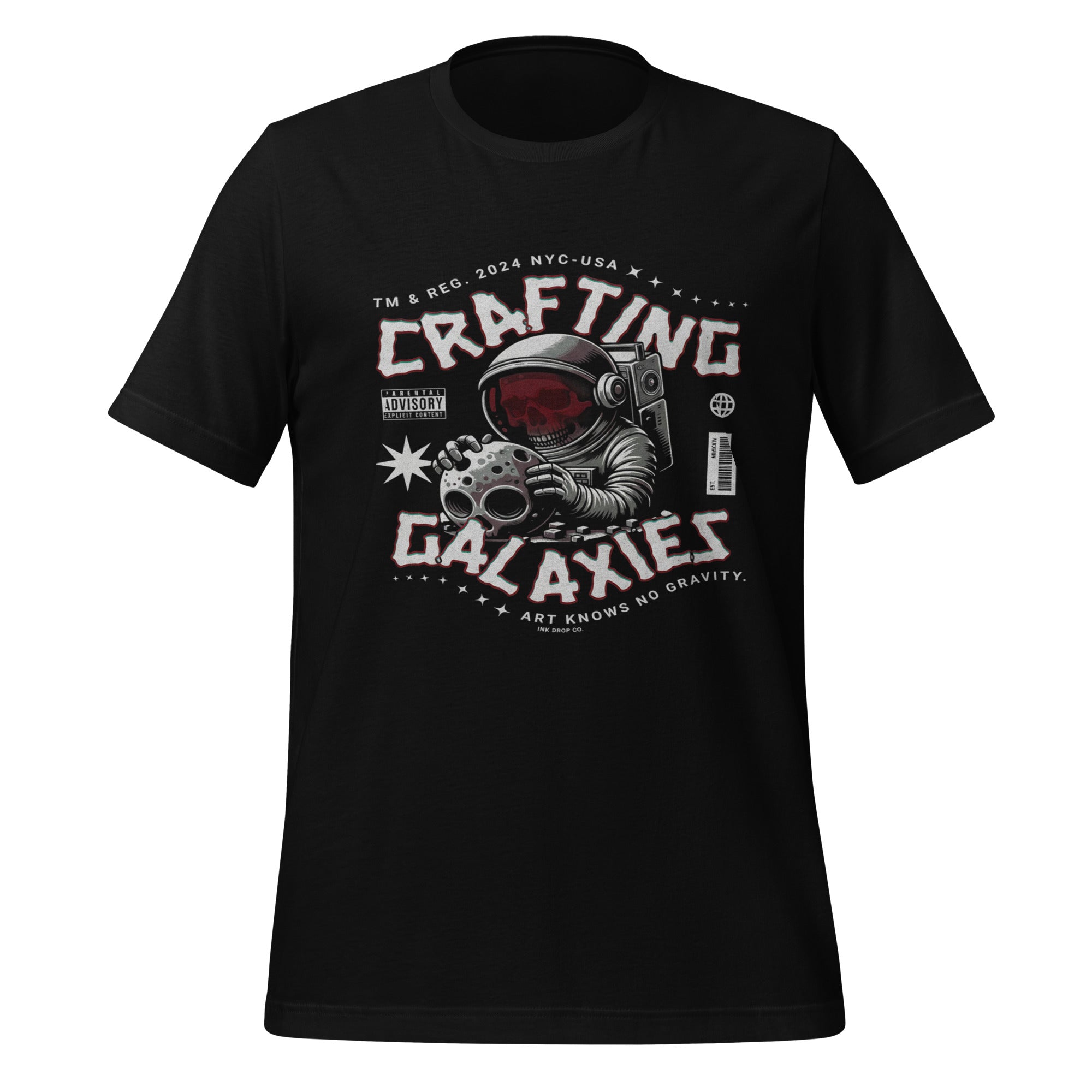 Men's graphic T-shirt in black with front astronaut-style galaxy print