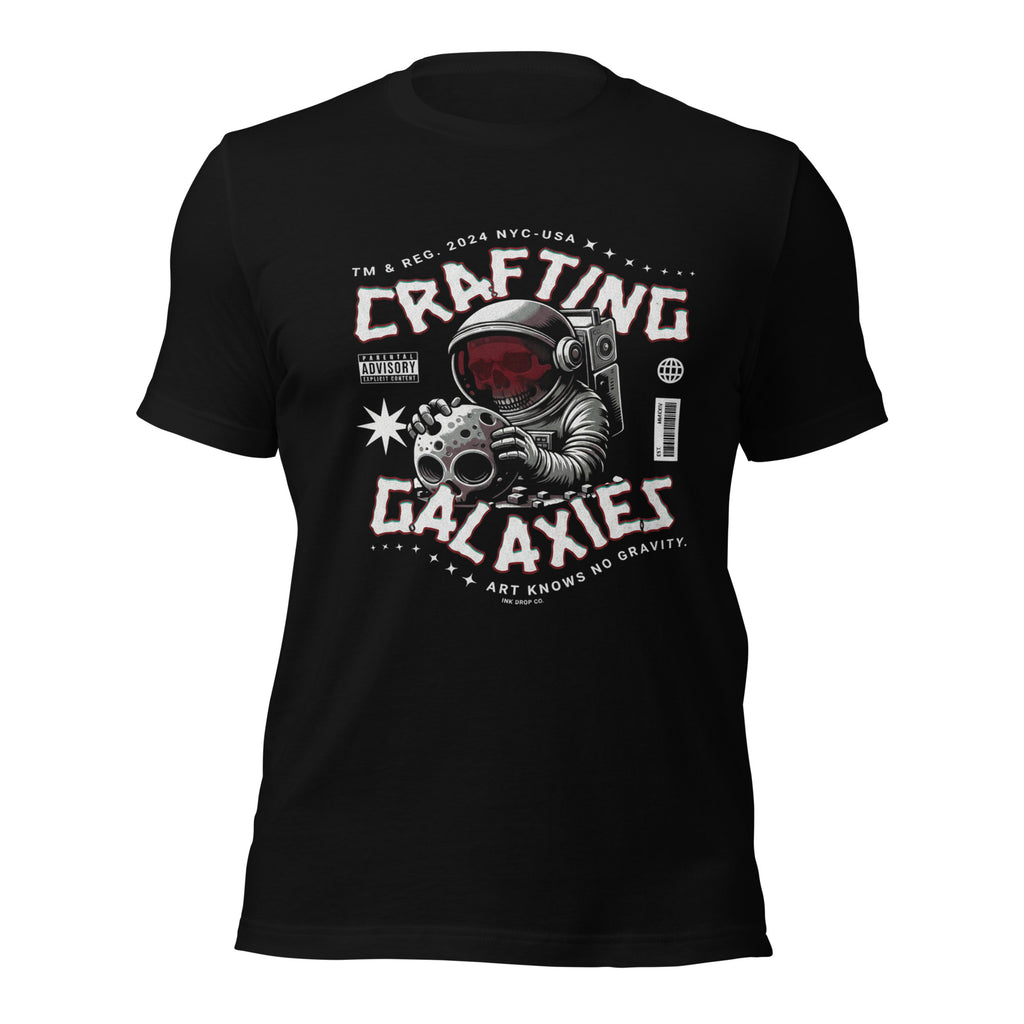 Women's black graphic t-shirt with space astronaut “Crafting Galaxies” front print
