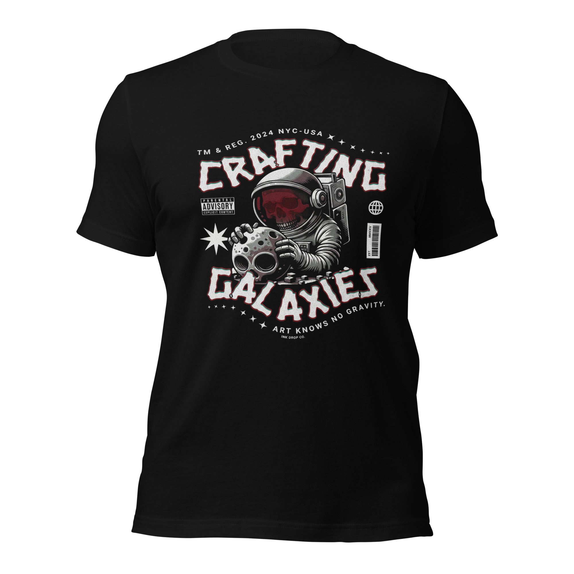 Women's black graphic t-shirt with space astronaut “Crafting Galaxies” front print